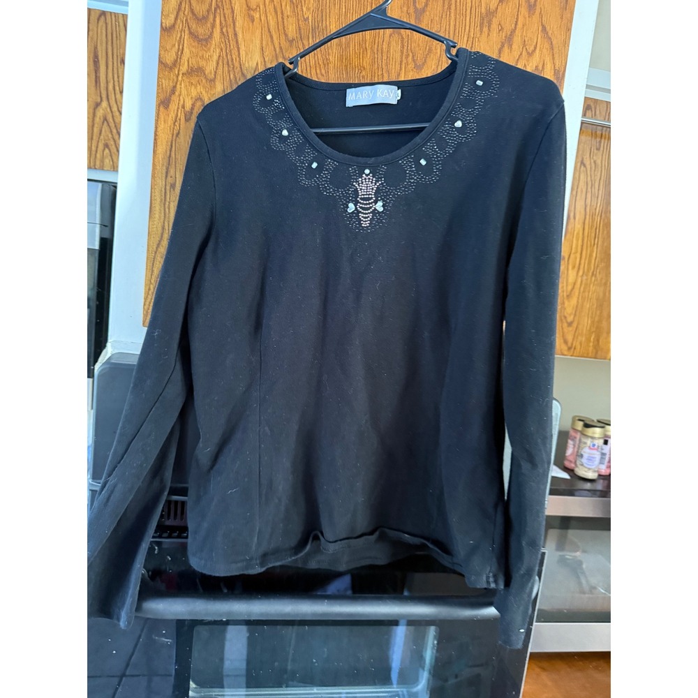 Mary Kay‎ Black Long Sleeve Embellished Neckline Top Women's Size L